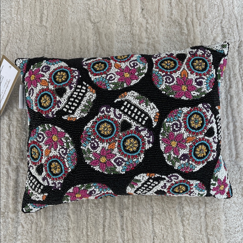 Cupcakes And Cashmere Black Pink Halloween beaded Pillow Skulls Day of the Dead